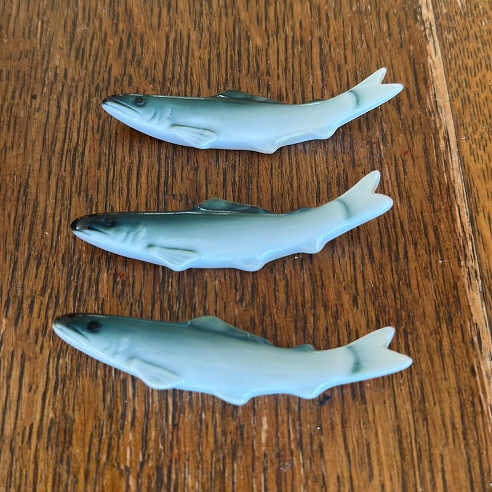 Vintage Chop Stick Holders Set of 3 Fish Green & White Ceramic